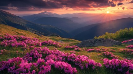 Pink Flowers Field With Sunset Mountain Landscape