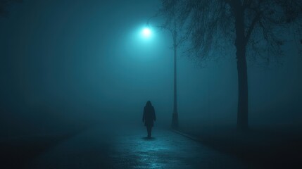 Fototapeta premium A distant view of a person walking down an empty, dimly lit street at night, with fog rolling in and a flickering streetlight in the background 