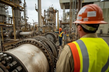 Two factory workers in orange helmets and vests carefully oversee a large-scale pipeline operation, representing responsibility and meticulous engineering work.