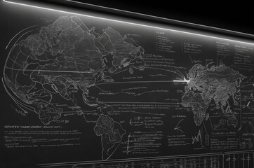 Hand-drawn world map with annotations on chalkboard
