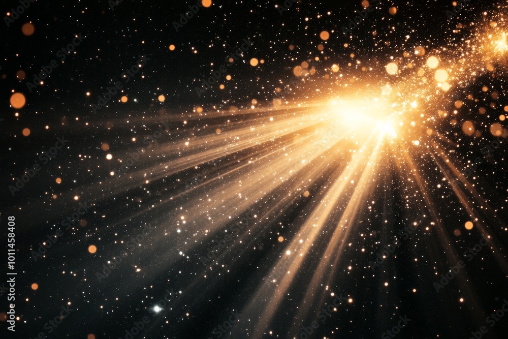 Poster this image displays golden beams of light radiating beautifully amidst a starry cosmic background, c