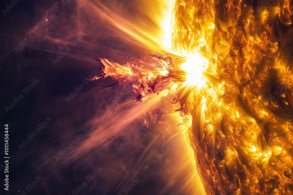 Poster The image captures a magnificent solar eruption with fiery flares extending into space, illustrating the raw power and beauty of the sun's surface activity.