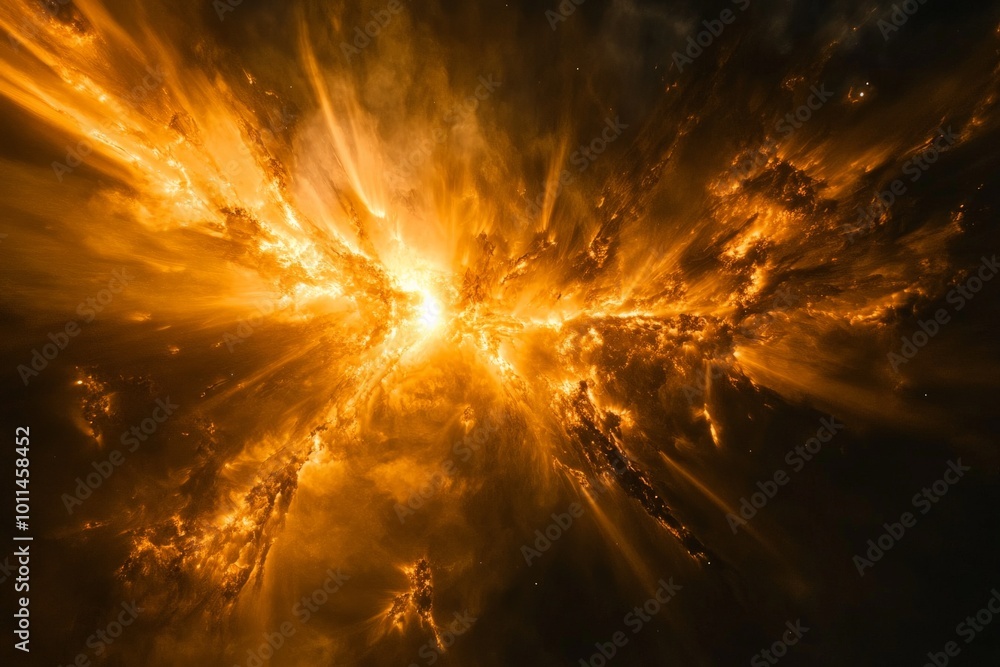 Poster A striking visual of a fiery explosion in the vastness of space, showcasing erupting golden hues and dynamic energy in a breathtaking cosmic display of power.