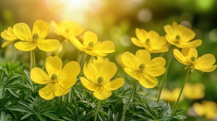 Fototapeta premium Close-up of fresh spring yellow flowers with light in the background, representing the beauty of the new season and nature renewal