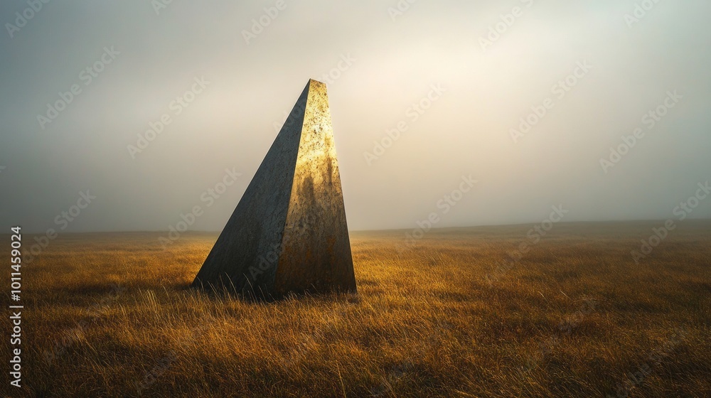 Poster a large pyramid-shaped structure is standing in a field of tall grass