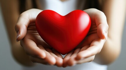 Obraz premium Closeup of young woman hands holding a red heart, representing CSR responsibility, adoption, fostering, and gratitude on World Health Day.