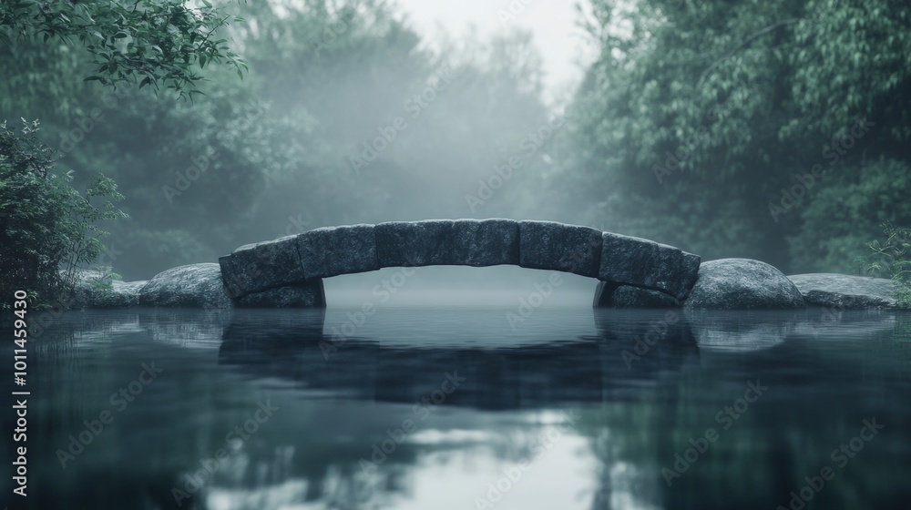 Poster a bridge over a river with fog in the background