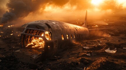 A fiery airplane wreck in a dramatic sunset landscape with smoke billowing, showcasing destruction and chaos in a surreal setting.