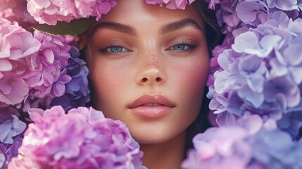 Stylish Cosmetics Concept Background. Beautiful Pink and Purple Blooms Surround a Beautiful Woman