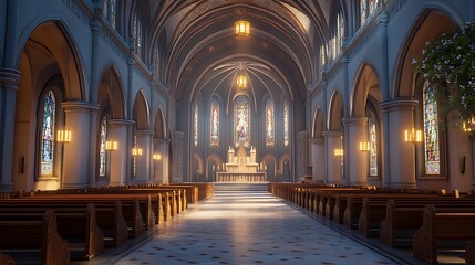 Obraz premium A grand cathedral interior with high ceilings, stained glass windows, and rows of pews. Sunlight streams through the windows, illuminating the altar and the space.
