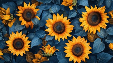 Bright Sunflower Pattern on Deep Blue Background