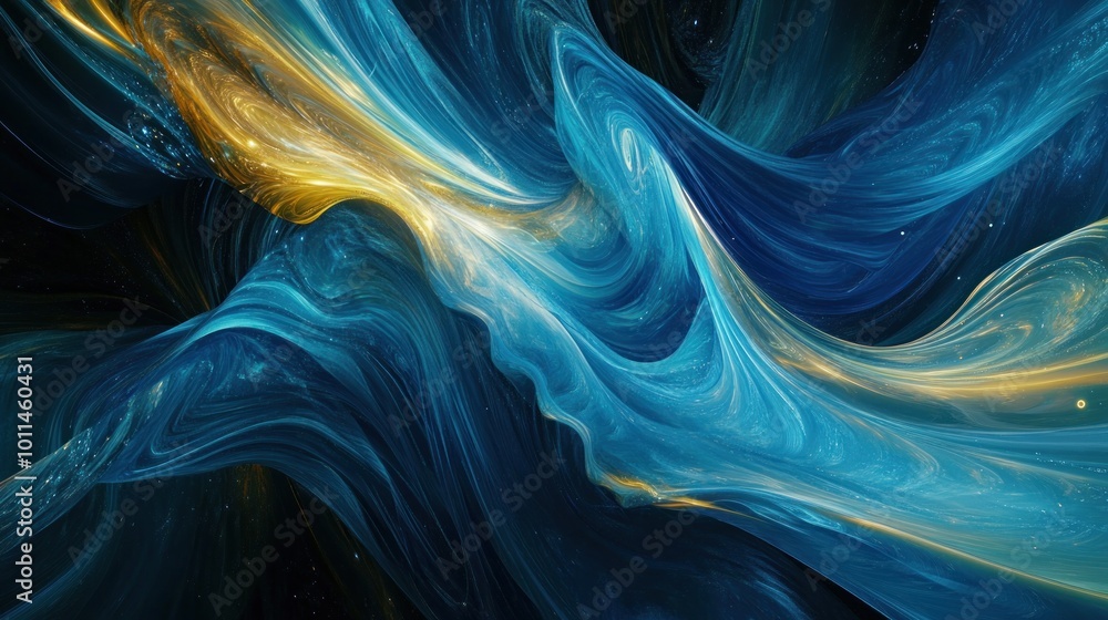 Poster abstract swirling patterns in blue and gold, evoking a sense of movement and depth.