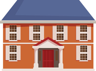 Large detached house with a blue roof and white window shutters, showcasing classic suburban architecture