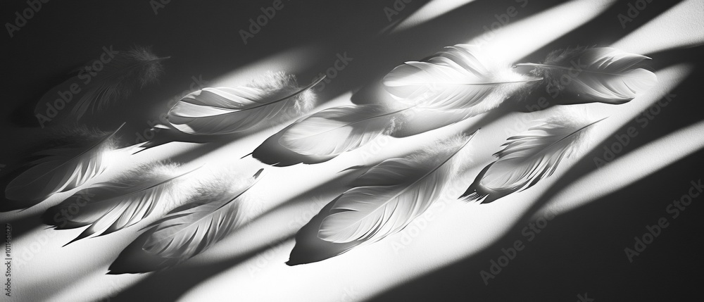 Poster a close up of a group of feathers, with some of them appearing to be in shadow