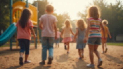 Energetic children chase each other in the park, their figures softened by the twilight