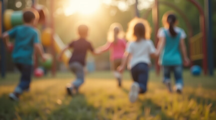 Energetic children chase each other in the park, their figures softened by the twilight
