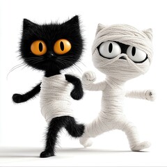 Obraz premium Playful Cartoon Mummy and Cat Characters Running Together