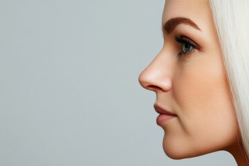 Fototapeta premium A captivating side profile of a woman with striking features and radiant skin, highlighting the delicate contours of her face. The image captures beauty in simplicity.