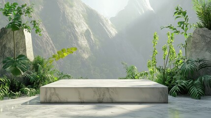 Obraz premium Elegant marble stage for natural products, nestled in a mountain setting with lush greenery, designed for organic product presentations