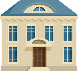 Big beige building with blue roof and brown door having many windows is isolated on white background