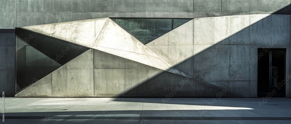 Poster a large building with a window that is cut into a triangle