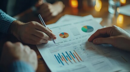 Close-up of hands analyzing business charts during a meeting.