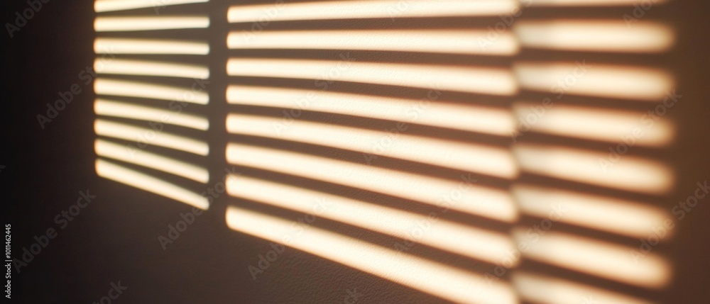 Poster a window with slats that are partially open, casting a shadow on the wall