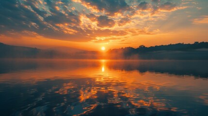 Fototapeta premium Breathtaking Sunrise Over Still Waters With Golden Hues And Misty Mountains In The Distance.