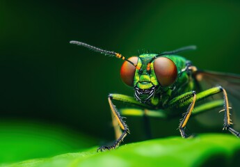 Fototapeta premium This close-up shot captures the intricate beauty of a green fly, showcasing its striking colors and unique features against a blurred green backdrop.