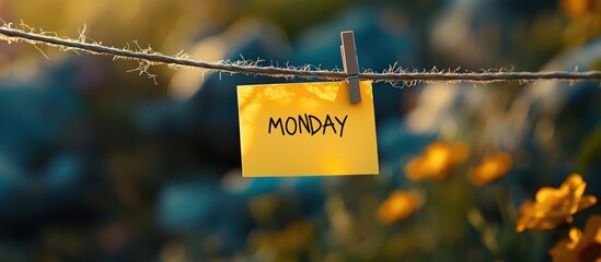 Yellow note with Monday written on it hanging on a clothesline with a blurred background of yellow flowers.