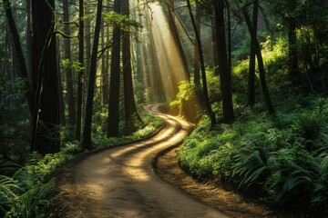 Obraz premium Sunlight Filtering Through The Trees Illuminating A Winding Path In A Lush Green Forest.