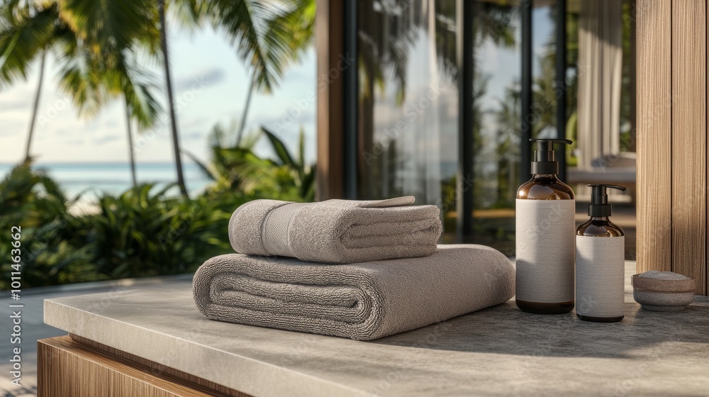Poster a serene spa setting featuring neatly stacked towels beside elegant bottles on a countertop, surroun
