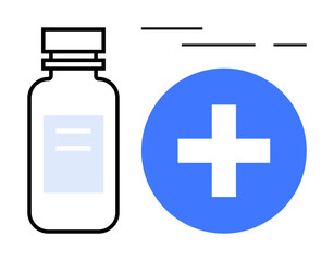 Obraz premium A medical bottle is next to a blue cross symbol indicating healthcare. Ideal for medical, healthcare, pharmaceuticals, medicine, and wellness. Simple flat style with clean lines and minimal details