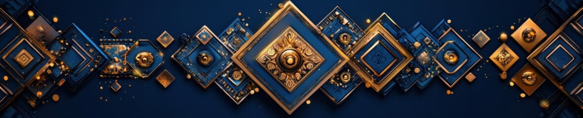 Thai-inspired geometric patterns with intricate designs in gold on navy blue