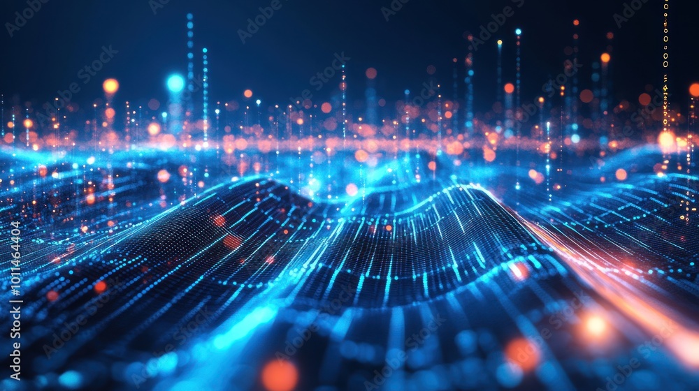 Poster abstract digital landscape with glowing lines and particles, representing data flow and technology.