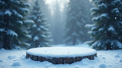 Snowy empty round podium against winter forest background with soft light. showcase for product advertising or presentation in natural winter atmosphere
