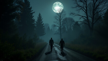 Two men walking on a road at night with a full moon in the background