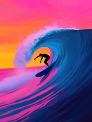 Dynamic Surfing Illustration at Sunset