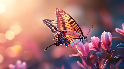 Colorful butterfly settled on fresh green leaf in garden
