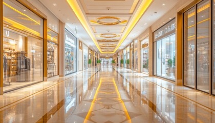 Empty Shopping Mall Corridor, Closed Stores, Reflective Floor, Modern Interior Design