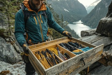 Climber Opening Wooden Chest Filled with Gear in Mountainous Landscape