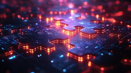 Obraz premium digital representation of api integration concept with two interlocking puzzle pieces against futuristic tech inspired abstract background symbolizing connectivity ,interoperability