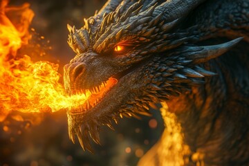 An imposing dragon releases fiery breath, its eyes glinting with intensity, as sparks and flames surround its powerful visage, captivating the scene.