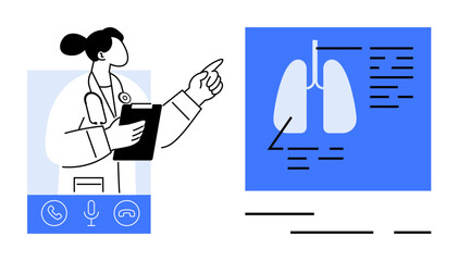 Doctor pointing at lungs diagram during online consultation. Doctor holding clipboard with communication icons below. Ideal for telemedicine, respiratory care, remote diagnostics, online healthcare