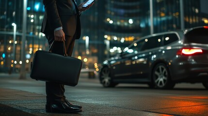### Description A businessperson with a briefcase stands on a city street at night, illuminated by urban lights and next to a parked car.
