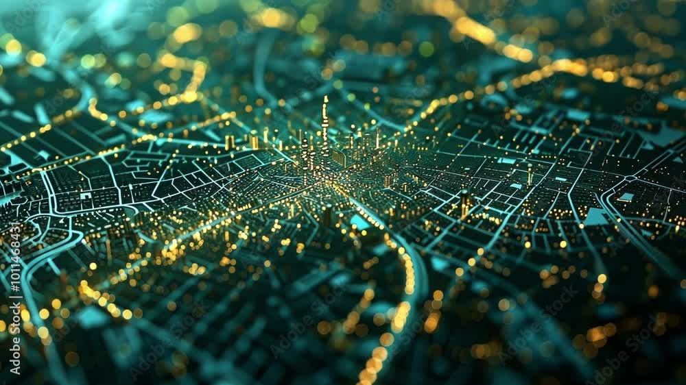 Poster futuristic cityscape is glowing at night, showing data connections between buildings with a network 