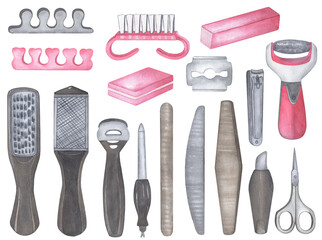 Set of pedicure tools. Watercolor illustration clipart isolated on white background.