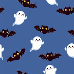 Halloween holiday seamless pattern background. Ghost and bat. 