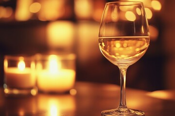 A sophisticated setting featuring a filled wine glass with several candles softly illuminating the scene, perfect for a cozy, reflective evening of elegance.