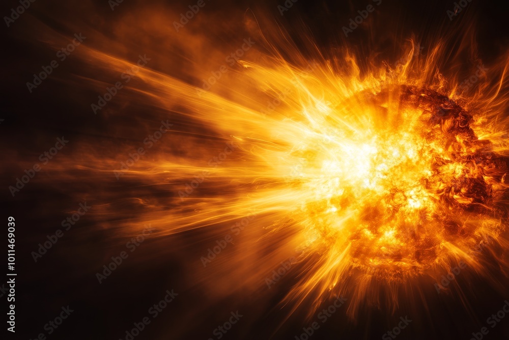 Poster an abstract depiction of a fiery explosion with dynamic flames and radiant colors, creating an inten